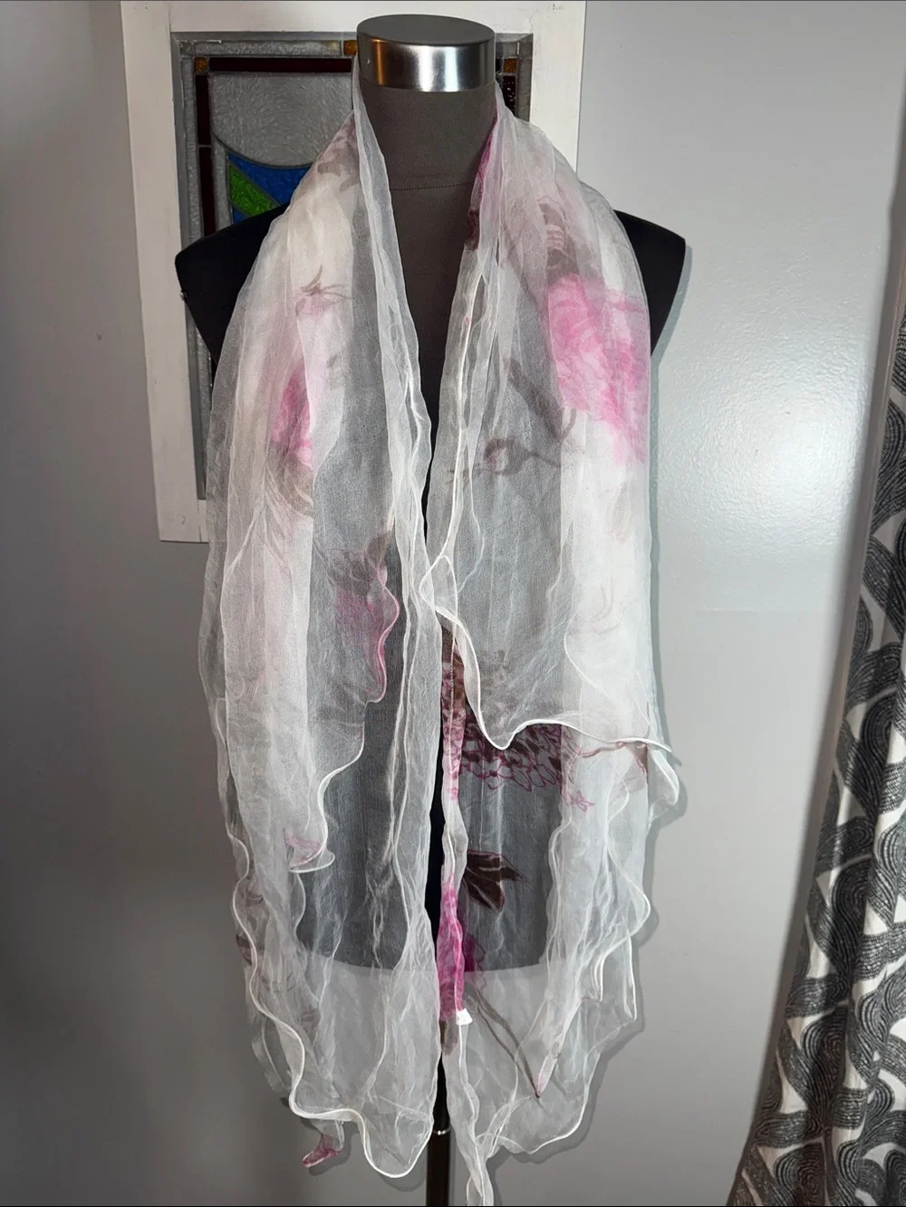 100% Silk Sheer Floral Scarf Pink & Brown Artistic Print Wrap